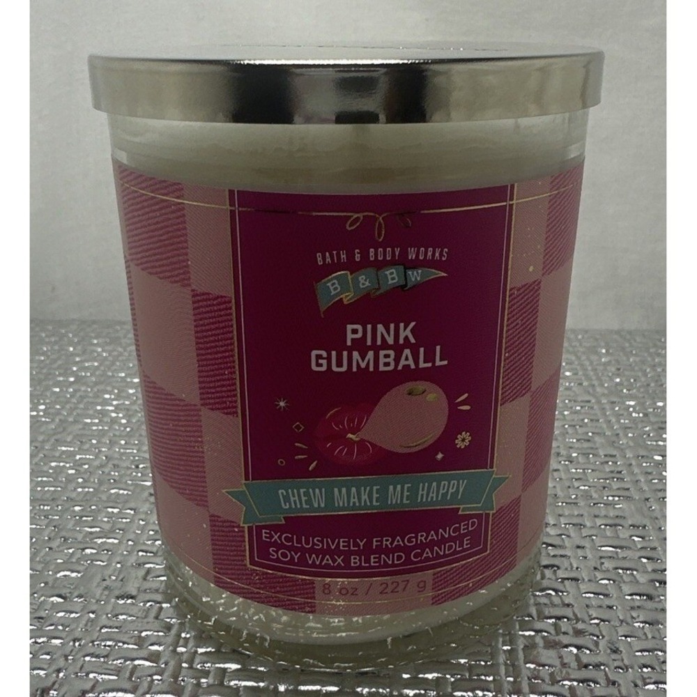 Bath & Body Works Pink Gumball Single Wick Candle 8 oz Soy Wax Blend Pink New